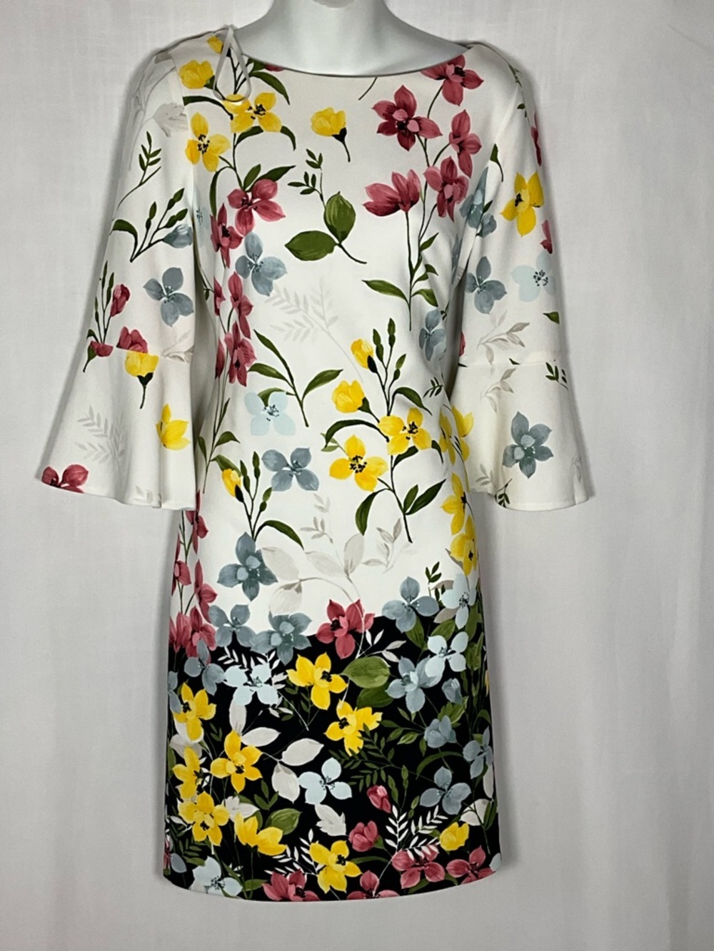 Jessica Howard Dress Size White Midi Dress with Yellow, Pink & Blue Floral Print